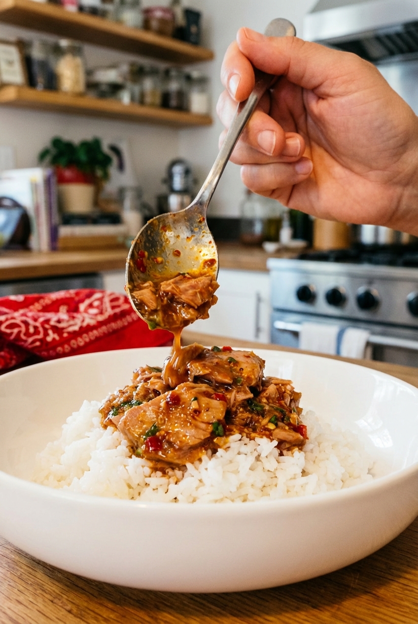 A spoon scooping saucy spiced tuna onto steamed rice in a simple white bowl