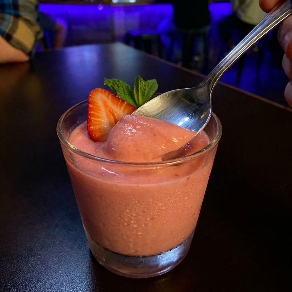 A spoon scooping silky pink strawberry pudding from a chilled glass cup