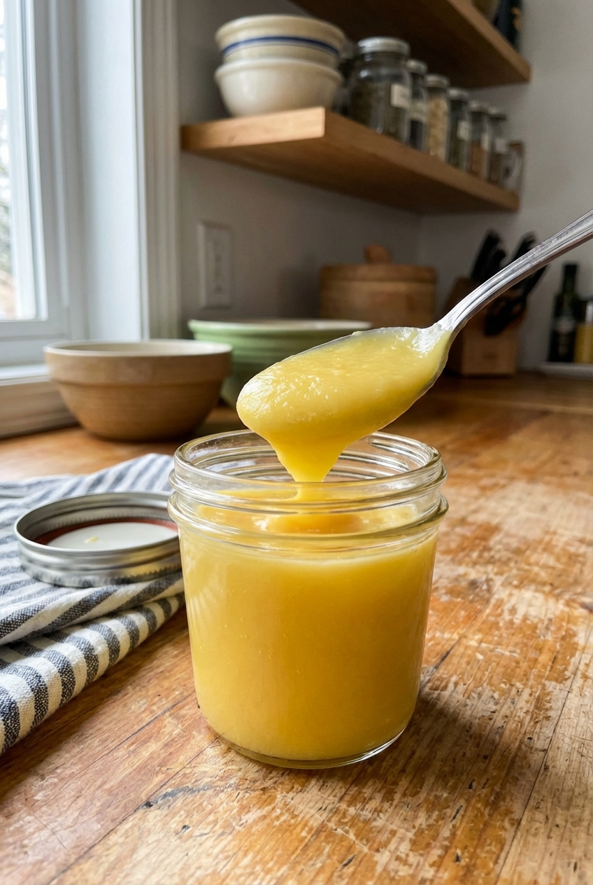 A spoon scooping silky savory lemon curd from a small glass jar on a kitchen counter