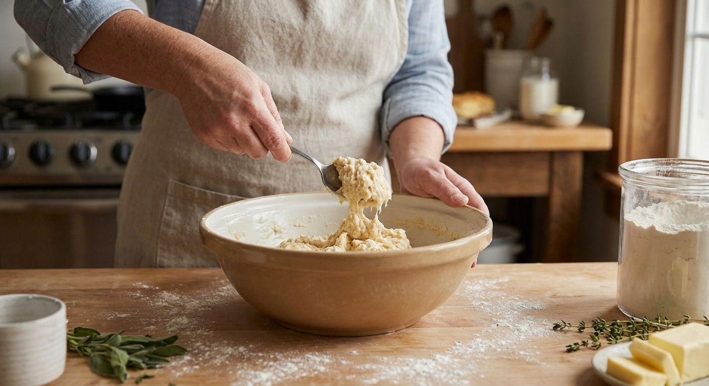 A spoon scooping soft drop biscuit dough from a mixing bowl on a lightly floured kitchen counter