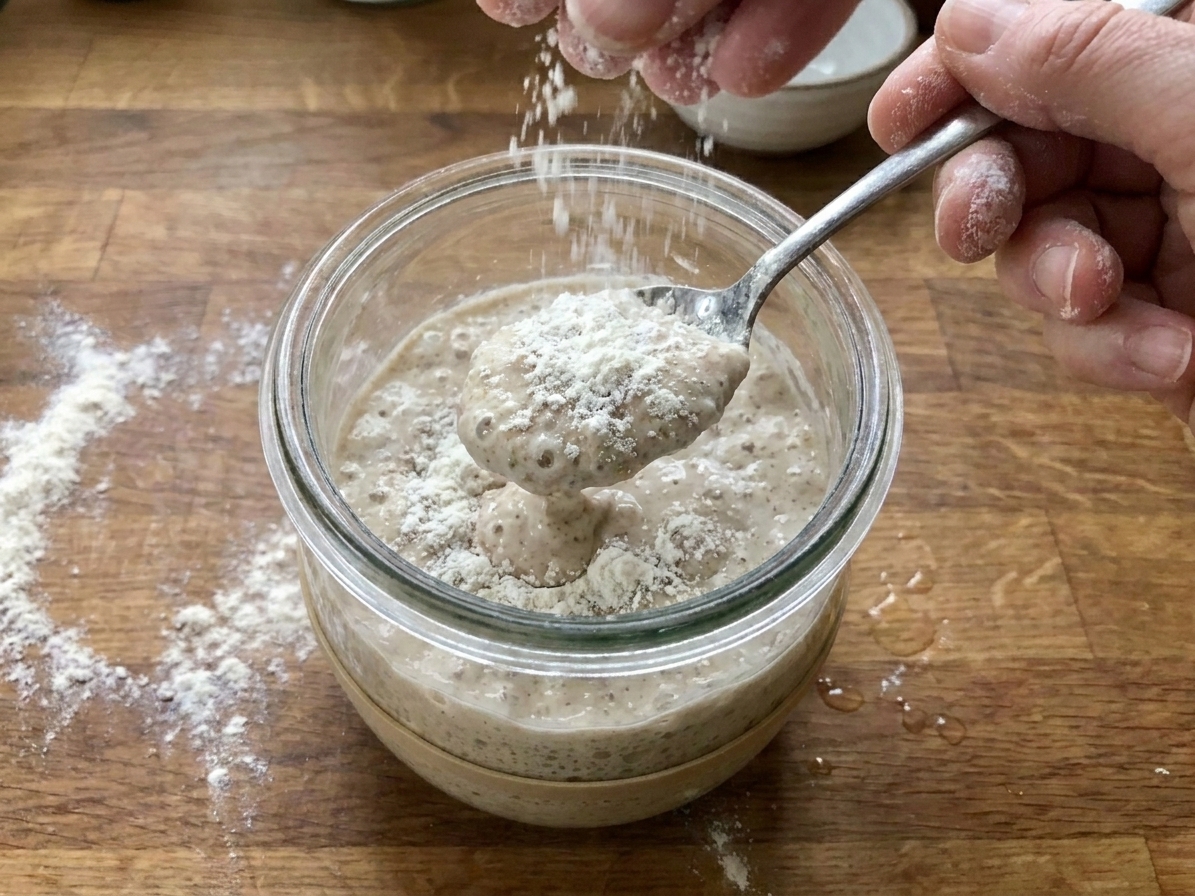 A spoon scooping sourdough starter from a jar while fresh flour is sprinkled in on a kitchen counter