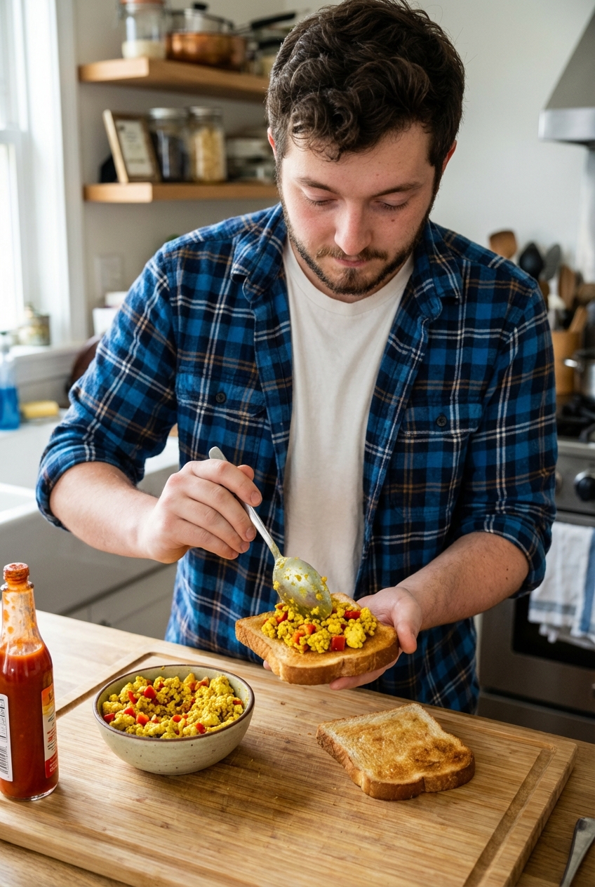 A spoon scooping tangy sweet tofu scramble onto toasted bread with hot sauce nearby