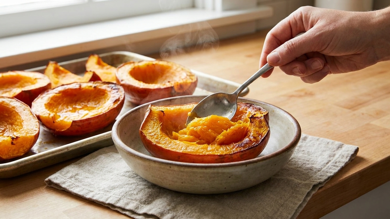 A spoon scooping tender roasted pumpkin flesh away from the skin into a bowl on a kitchen counter