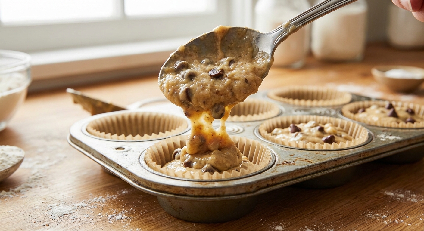A spoon scooping thick banana muffin batter with chocolate chips into paper-lined muffin cups in a metal muffin tin, close-up, natural kitchen light, photorealistic food photography