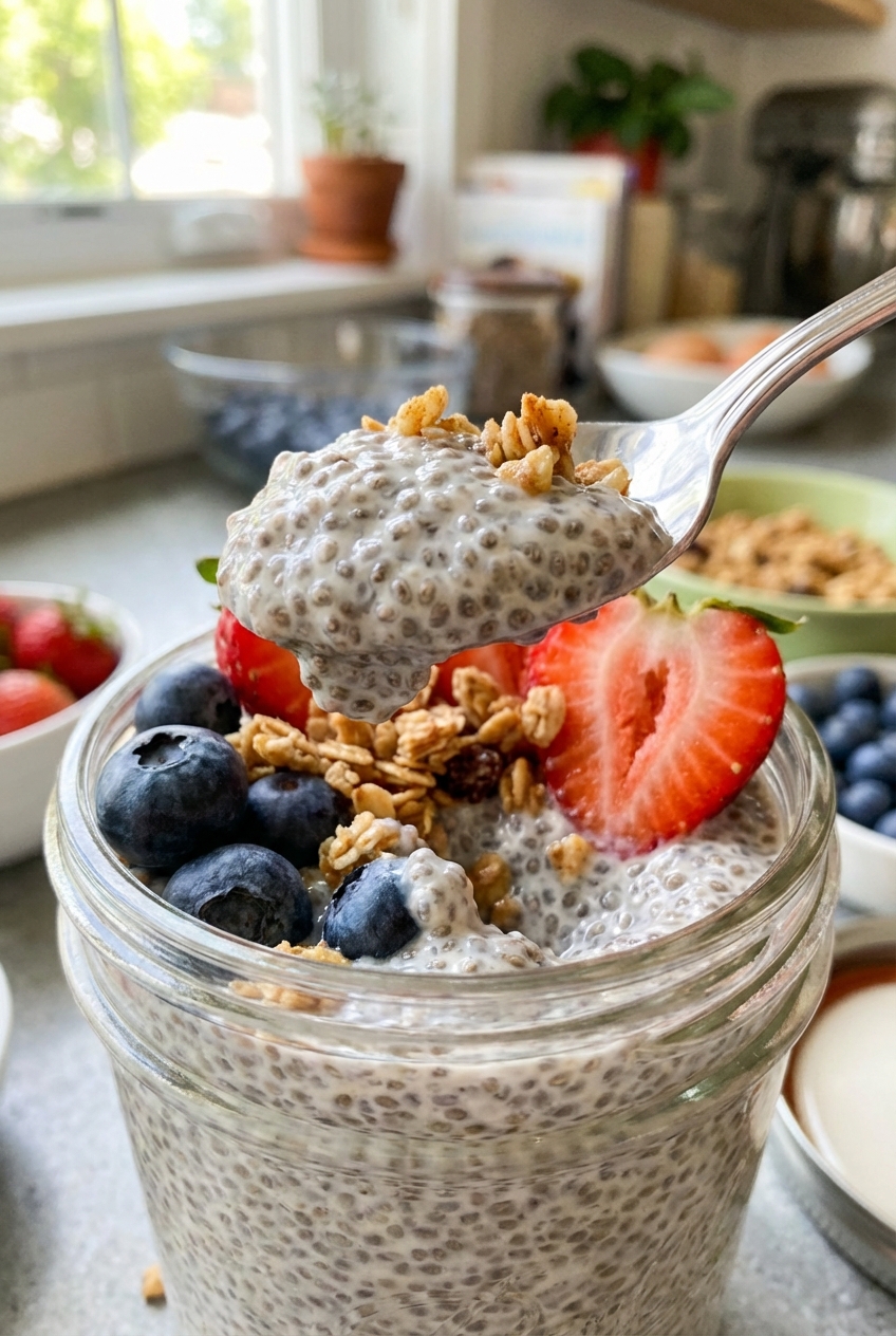 A spoon scooping thick chia seed pudding from a jar topped with berries and granola, showing the creamy texture