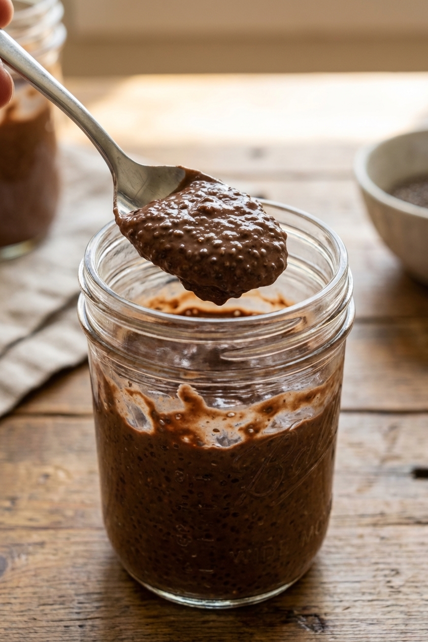 A spoon scooping thick chocolate chia pudding from a jar with visible chia seeds and a creamy texture