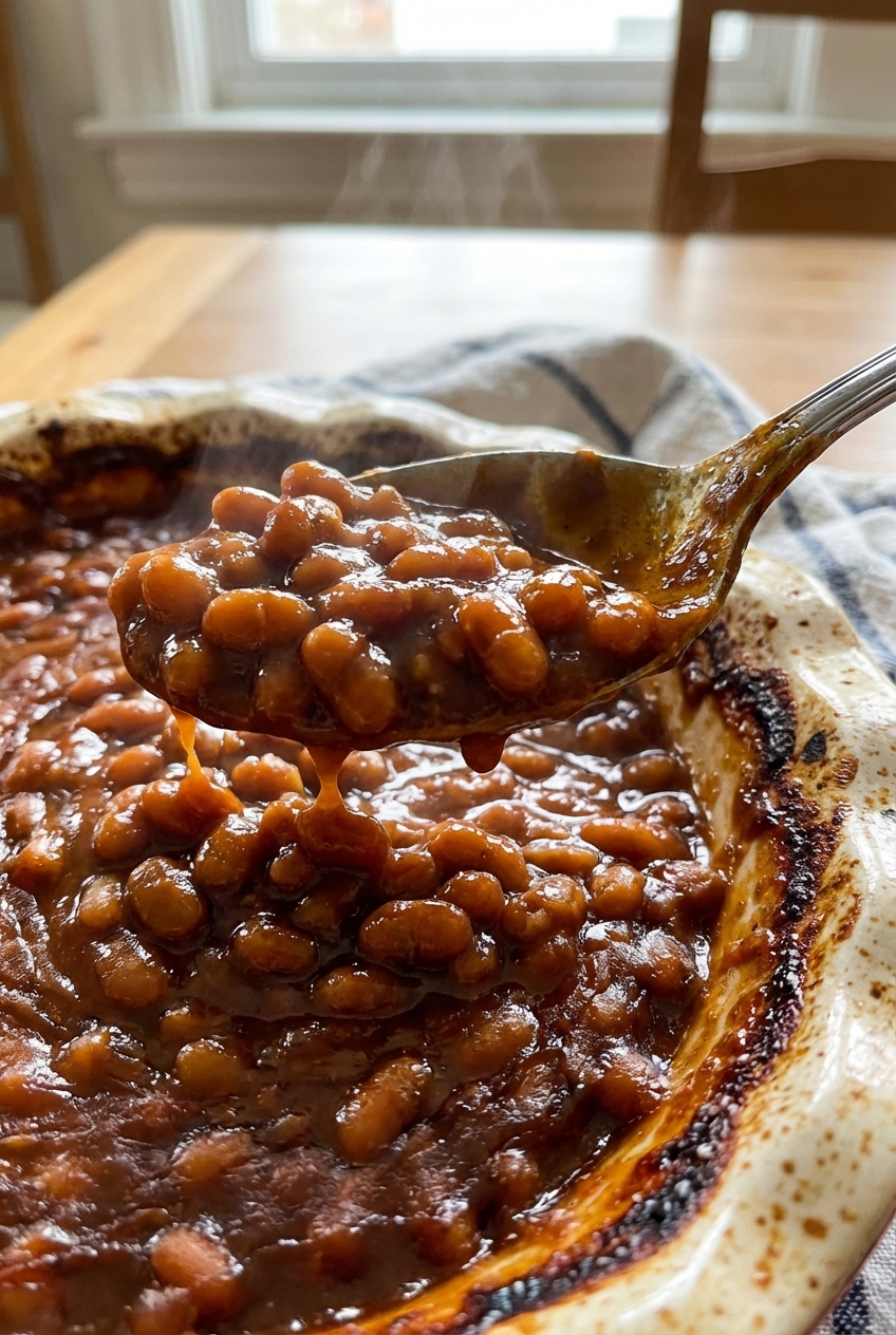 A spoon scooping thick, glossy baked beans from a baking dish, showing the sauce clinging to the beans