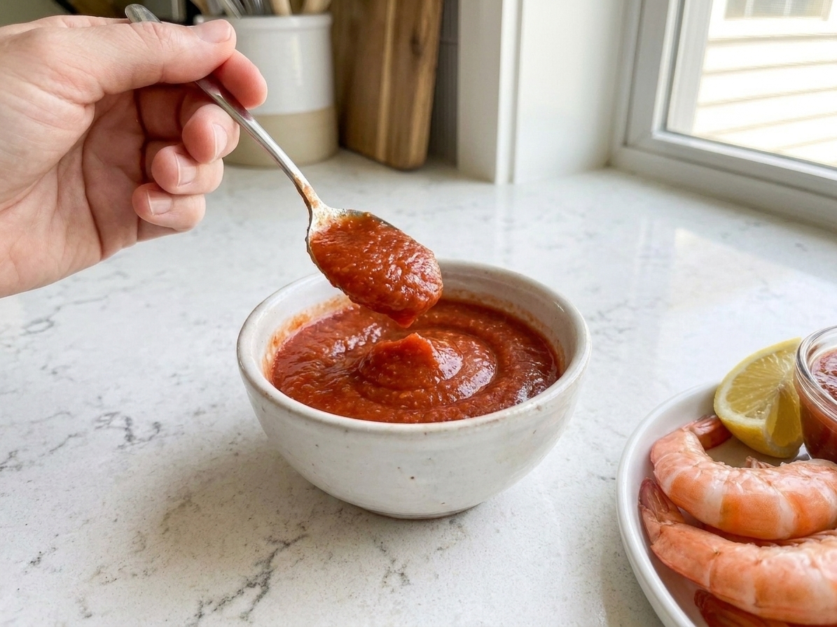 A spoon scooping thick red shrimp cocktail sauce from a small bowl on a kitchen counter with chilled shrimp nearby