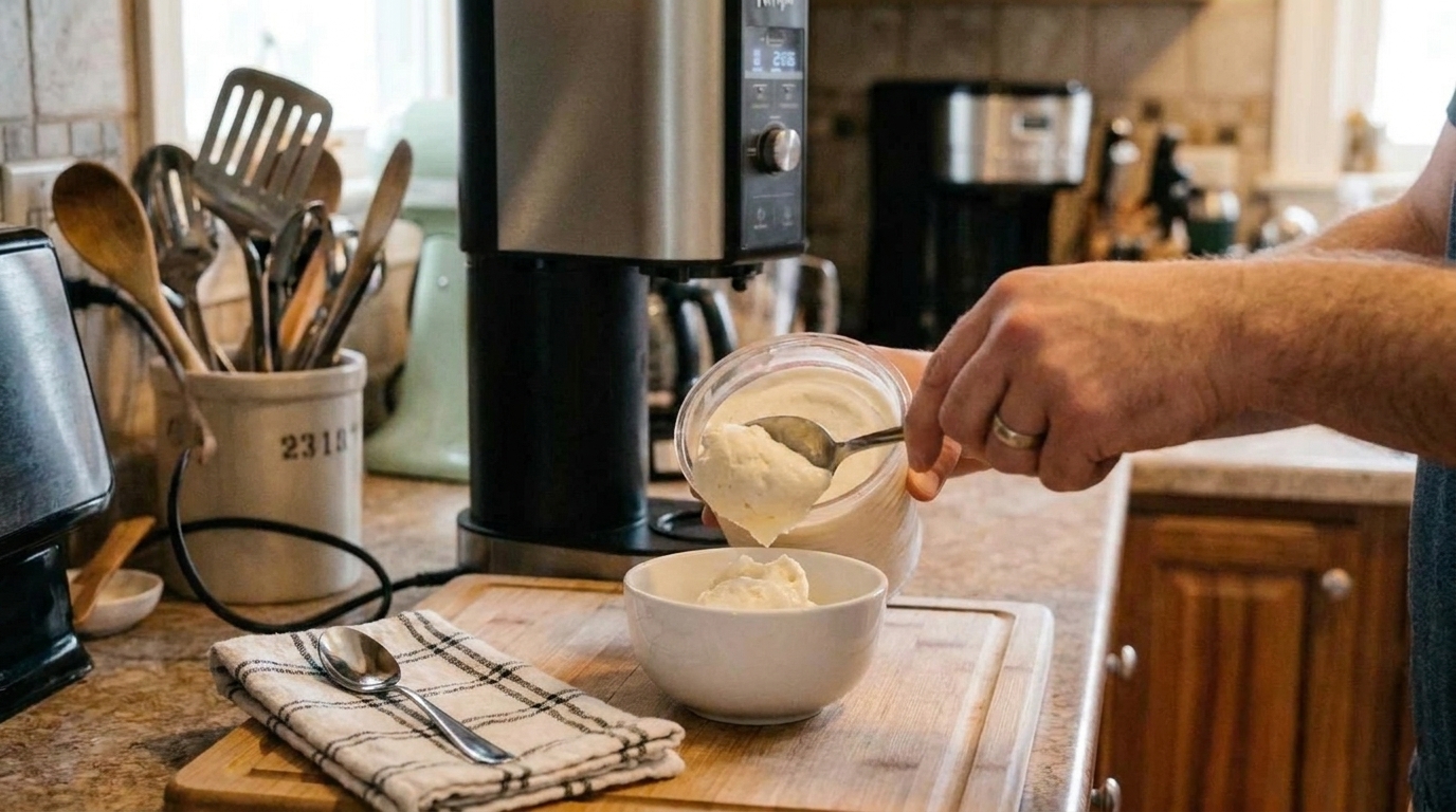 A spoon scooping thick vanilla protein ice cream into a small bowl on a wooden table with a napkin and spoon beside it