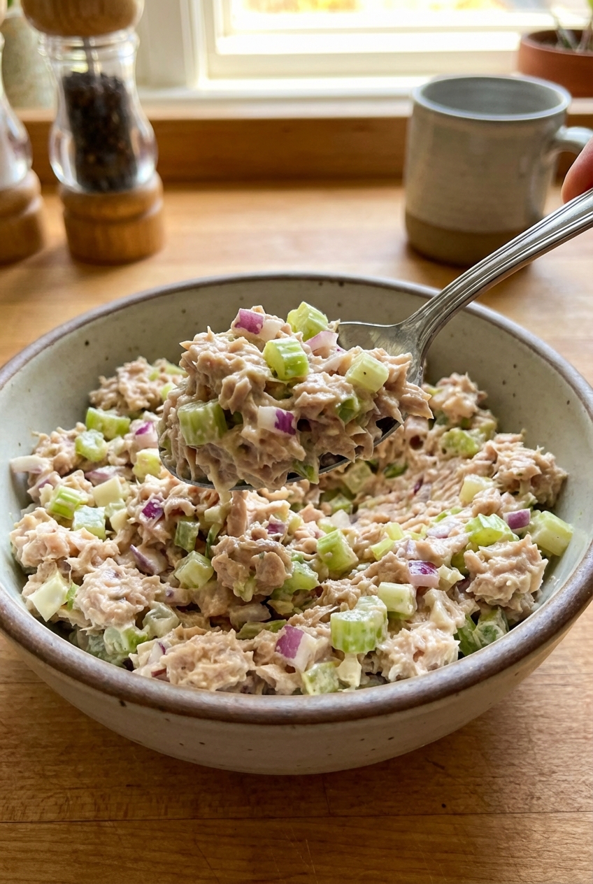 A spoon scooping tuna salad from a bowl with visible celery and red onion