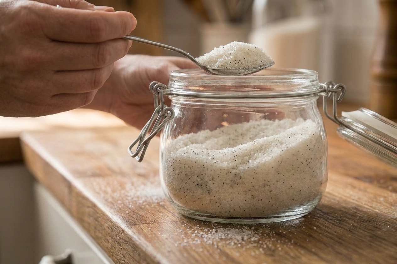 A spoon scooping vanilla sugar with visible vanilla bean specks from a glass jar, close-up on a bright kitchen counter