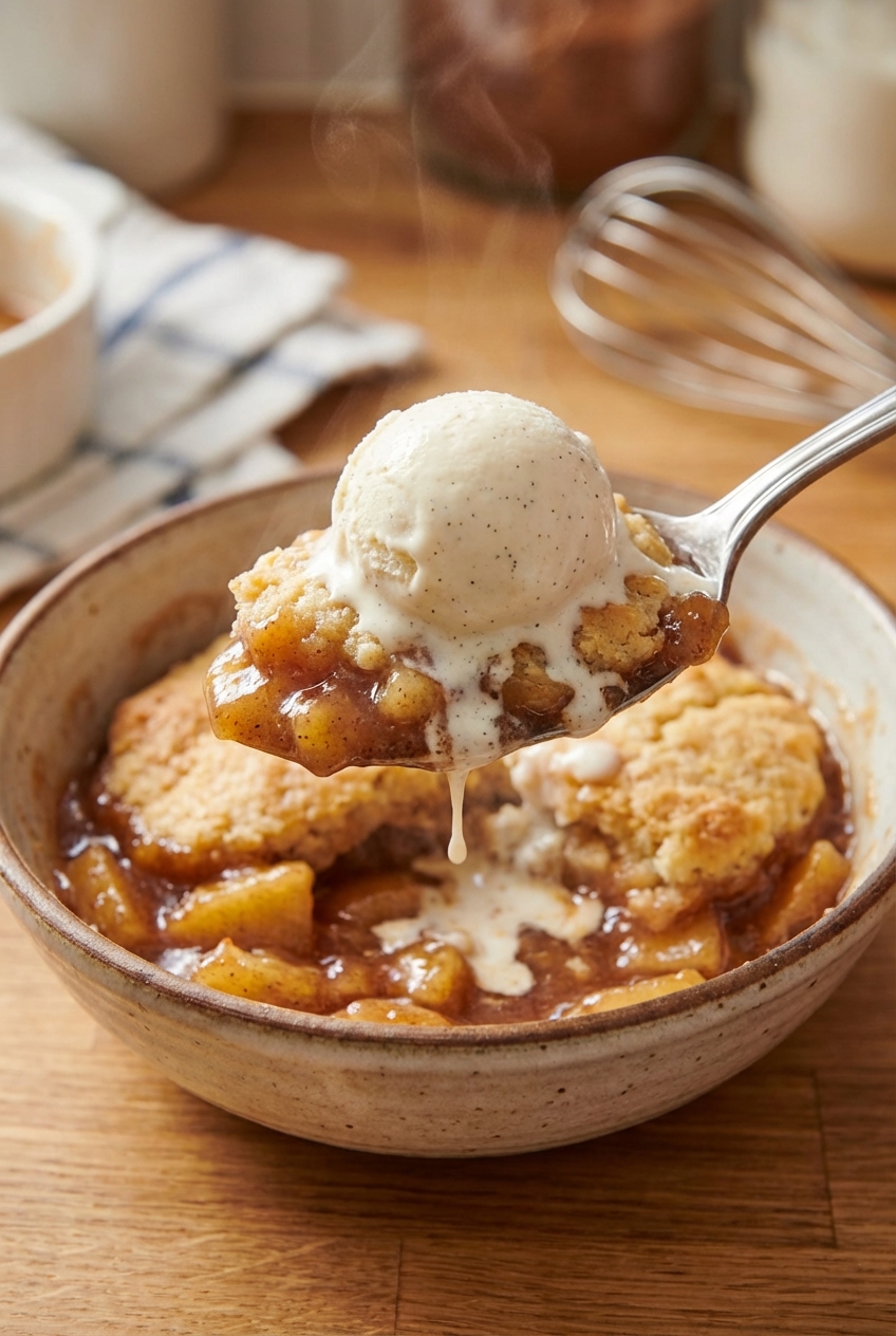 A spoon scooping warm apple cobbler into a bowl with a scoop of vanilla ice cream melting on top