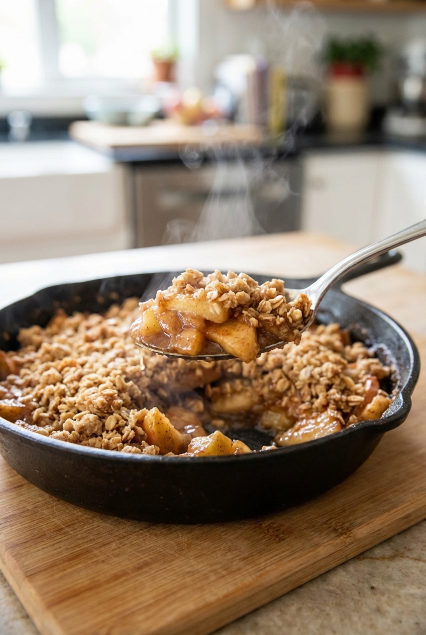 A spoon scooping warm apple crisp from a cast iron skillet with steam rising