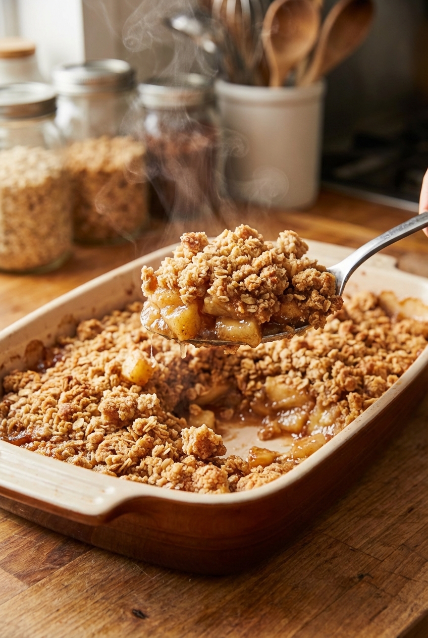 A spoon scooping warm apple crumble from a baking dish with steam rising and crisp topping crumbs falling back into the pan