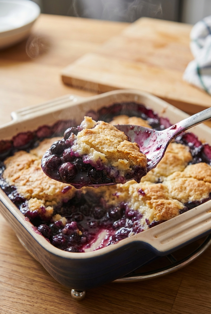 A spoon scooping warm blueberry cobbler from a baking dish, showing the creamy, tender topping and the thick blueberry filling