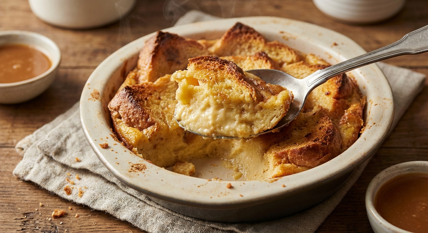 A spoon scooping warm bread pudding from a baking dish showing a custardy center and toasted top