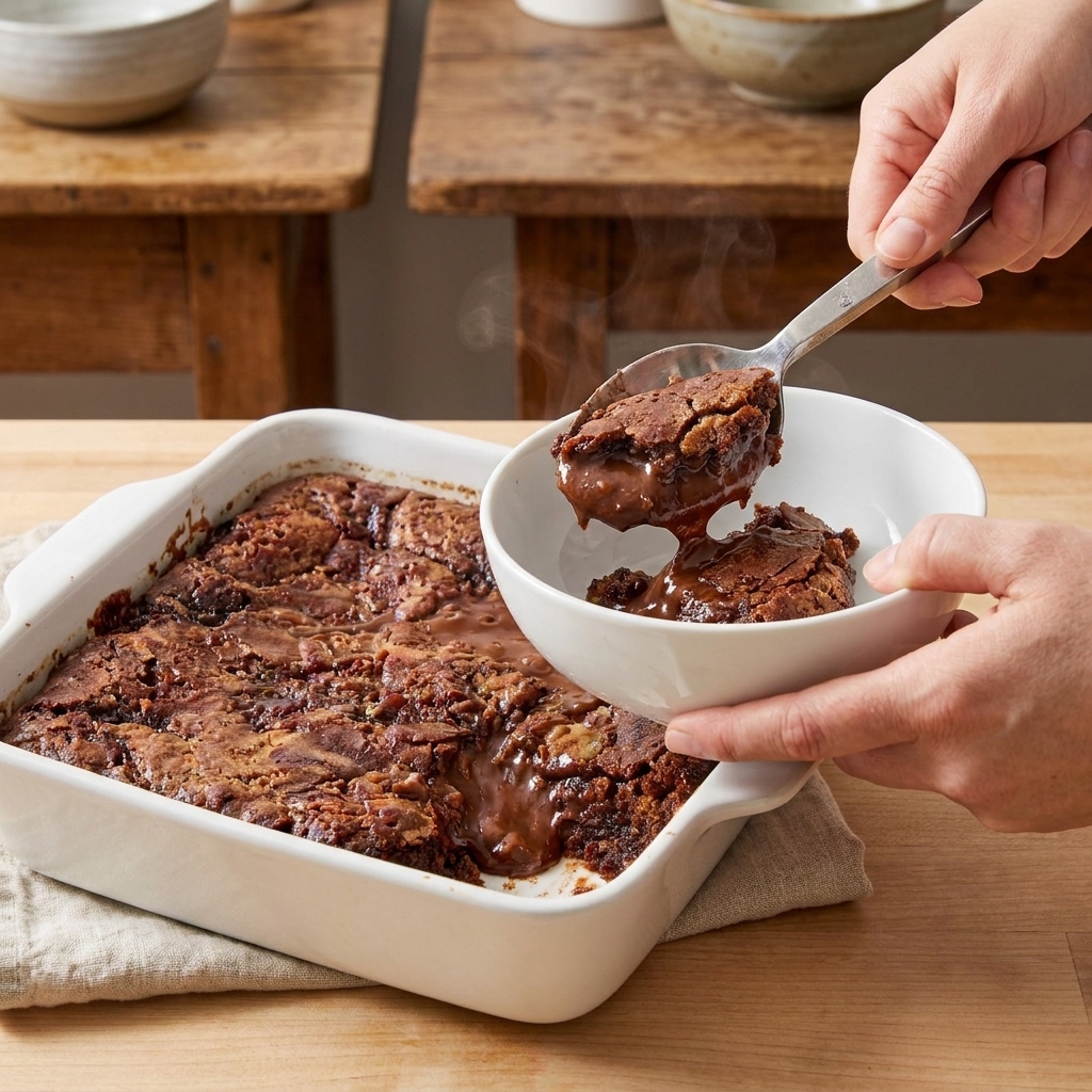 A spoon scooping warm brownie pudding from a baking dish into a bowl, showing the gooey chocolate sauce underneath