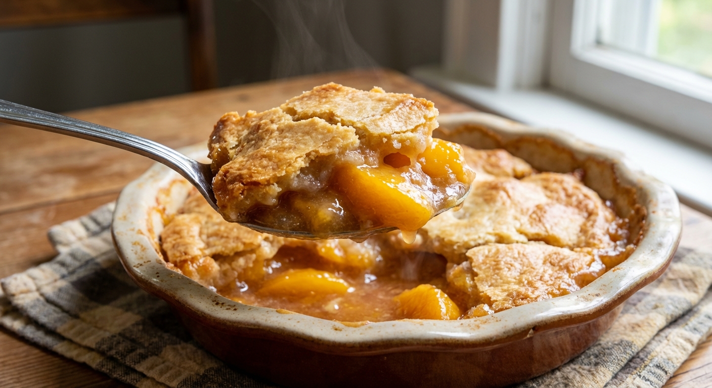 A spoon scooping warm peach cobbler from a baking dish showing thick peach filling and a browned topping