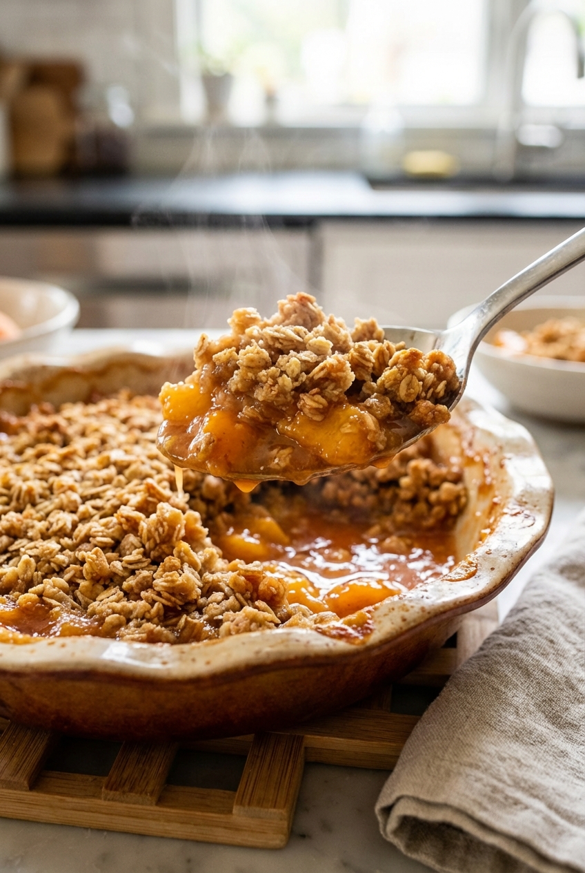 A spoon scooping warm peach crisp from the baking dish with visible bubbling peach sauce and crunchy oat topping