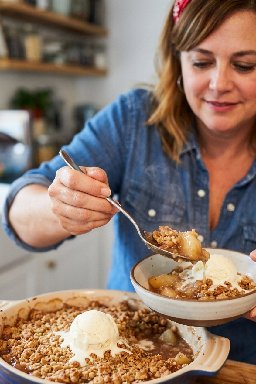 A spoon scooping warm pear crisp into a bowl with a melting scoop of vanilla ice cream on top, close-up dessert photography