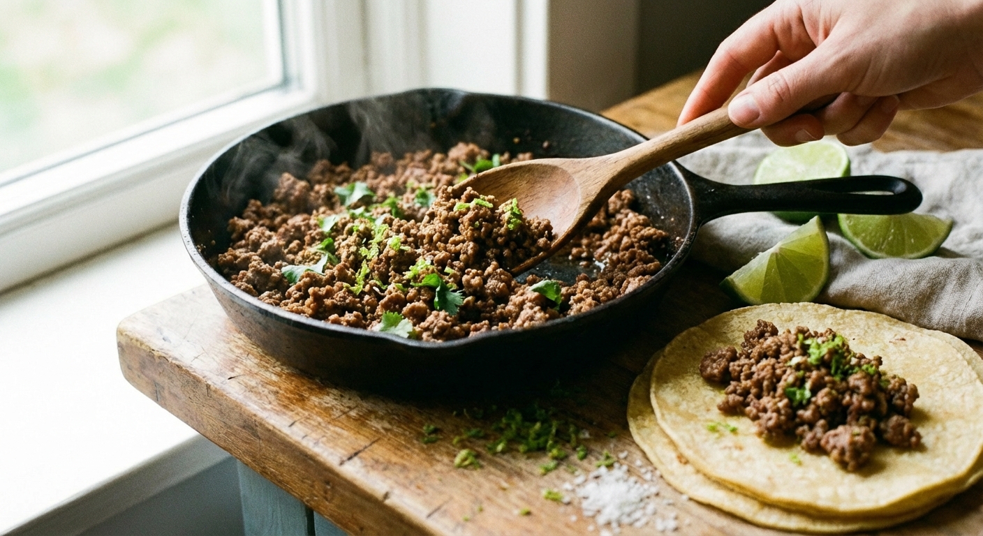 A spoon scooping zesty ground beef from a skillet into warm tortillas on a wooden board