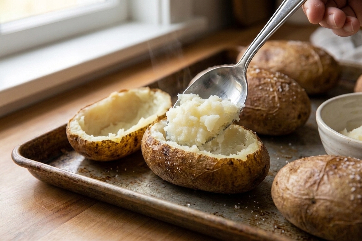 A spoon scoops baked potato flesh from a split russet potato, leaving a sturdy shell on a baking sheet