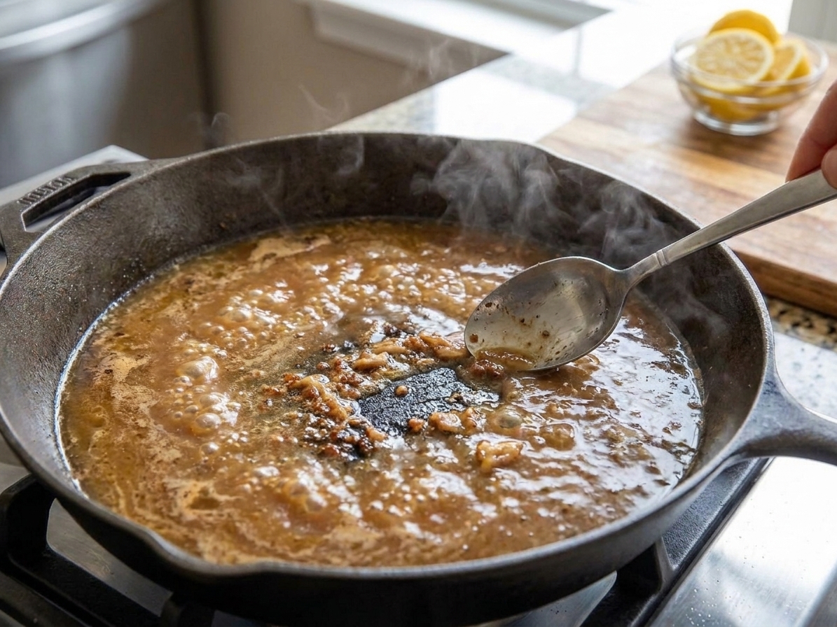 A spoon scraping browned bits from the bottom of a skillet as chicken broth bubbles and loosens the fond
