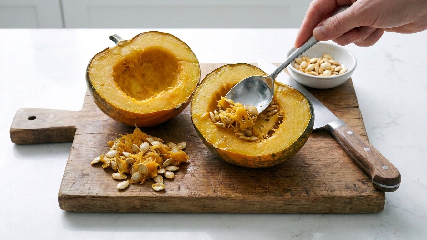 A spoon scraping seeds and stringy pulp from a halved custard squash on a cutting board