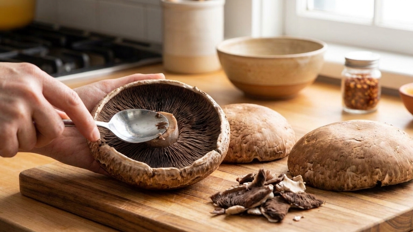 A spoon scraping the dark gills from a raw portobello mushroom cap on a cutting board in a bright home kitchen