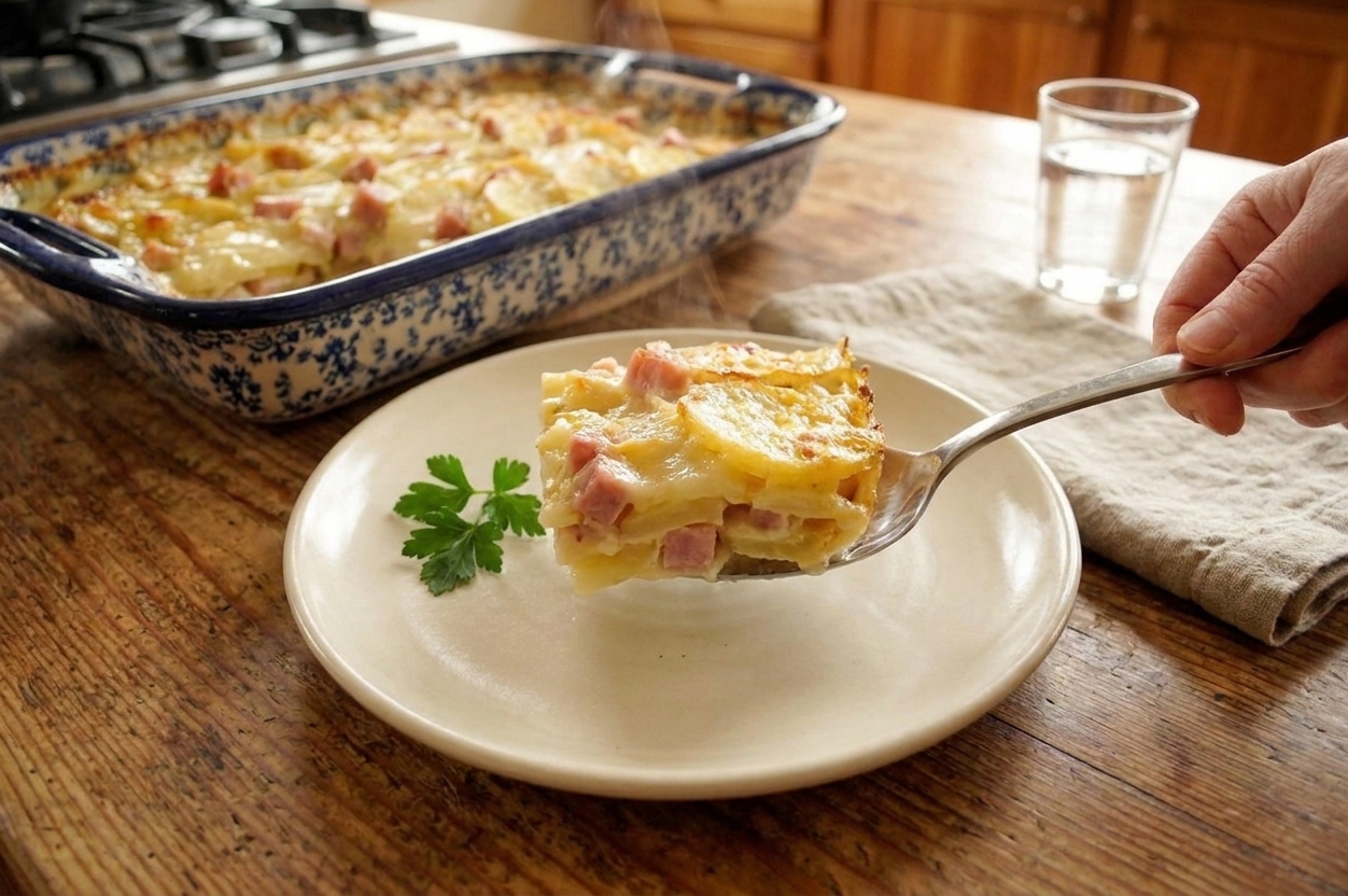 A spoon serving a creamy square of scalloped potatoes with ham onto a simple dinner plate on a dining table