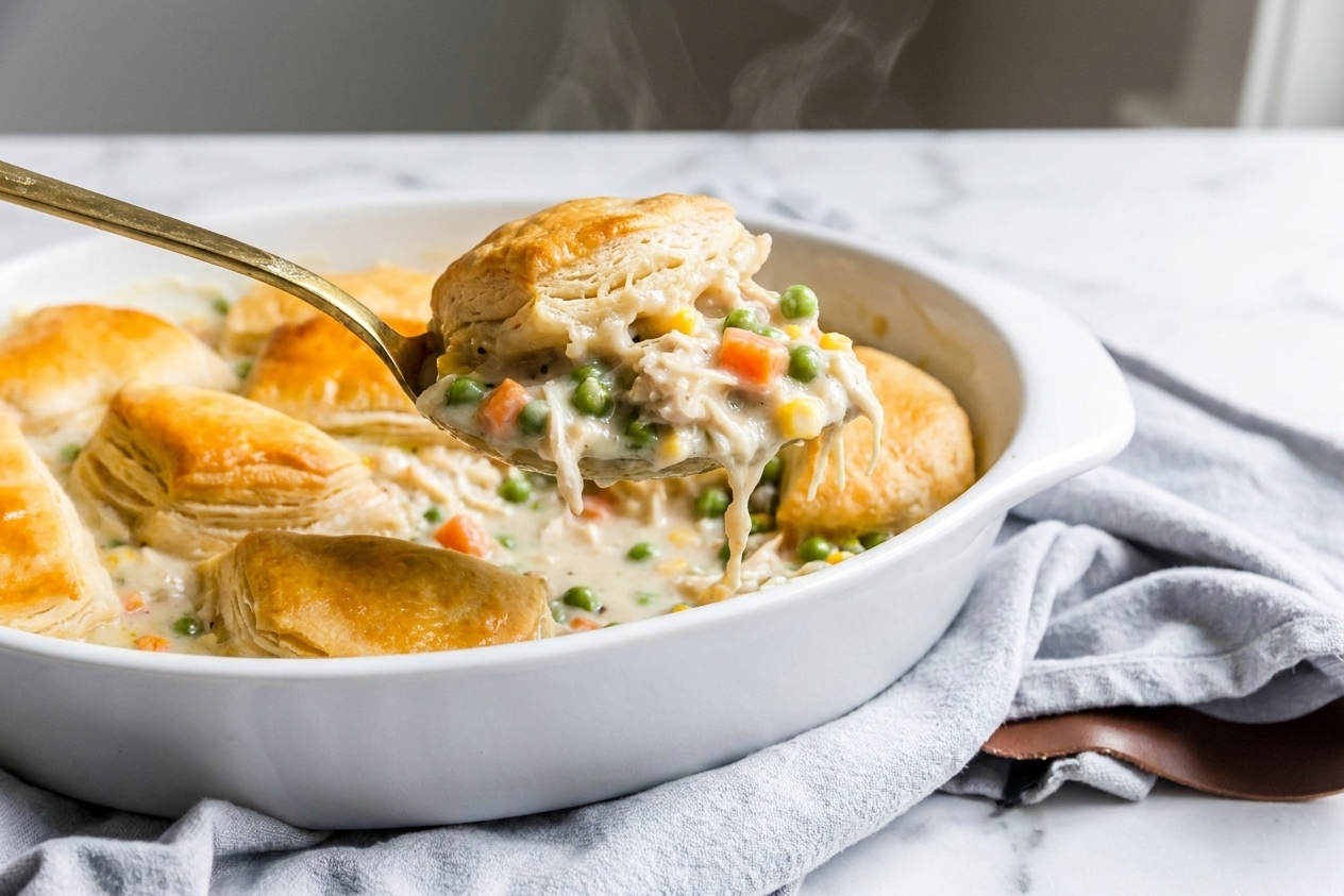 A spoon serving chicken pot pie casserole from a baking dish, showing creamy filling and a golden biscuit top