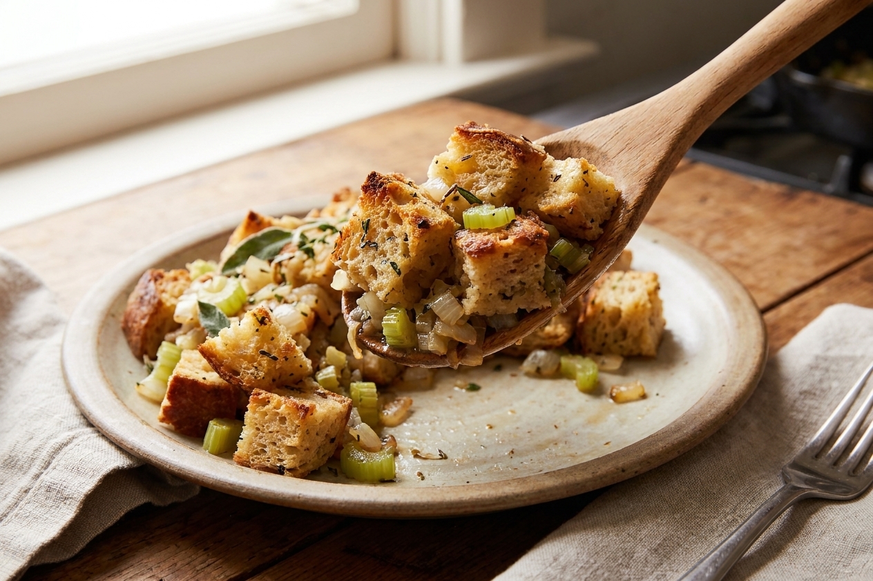 A spoon serving of classic Thanksgiving stuffing on a plate, showing a tender center with crisp browned crumbs and bits of celery and herbs