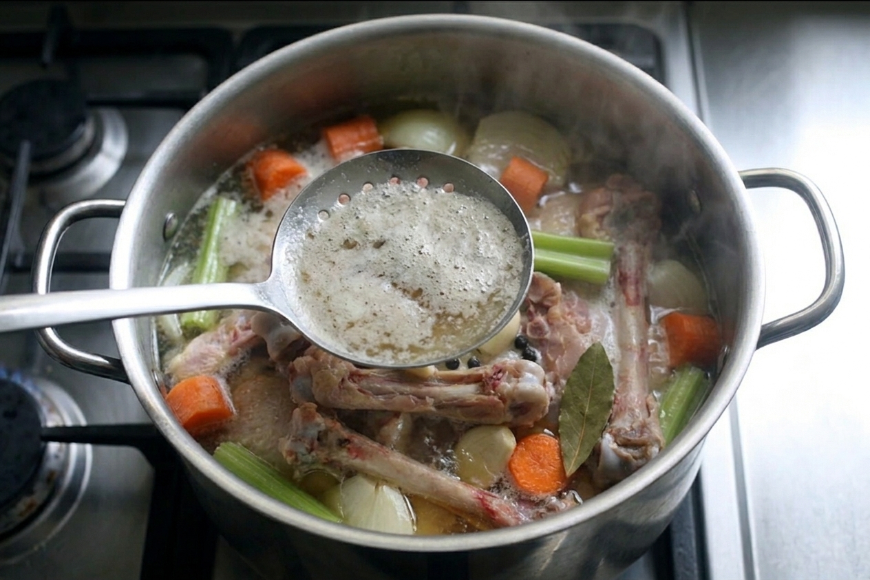 A spoon skimming foam from the surface of simmering chicken broth