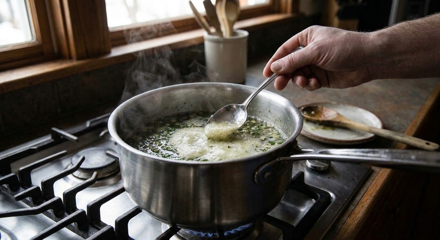 A spoon skimming pale foam from the surface of hot jalapeño jelly in a stainless steel pot on a stovetop