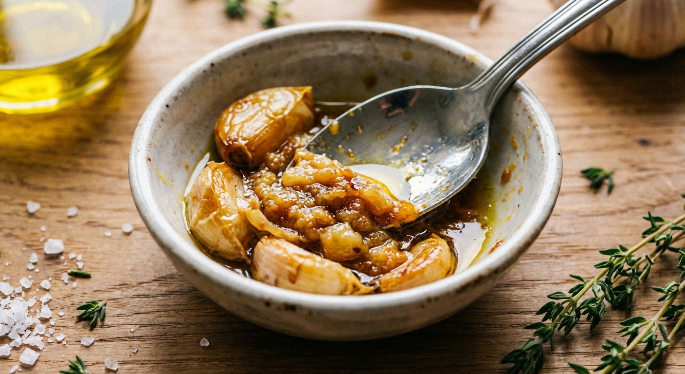 A spoon smashing roasted garlic cloves into a smooth paste in a small bowl