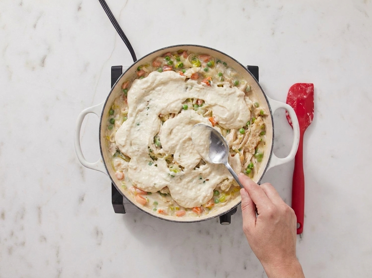 A spoon spreading Bisquick batter over chicken pot pie filling in a casserole dish on a kitchen counter