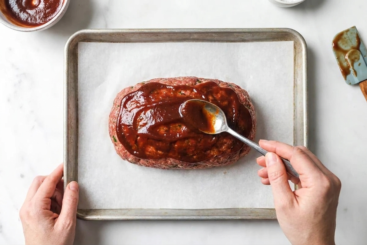 A spoon spreading a glossy sugar-free ketchup glaze over an unbaked meatloaf on a parchment-lined sheet pan