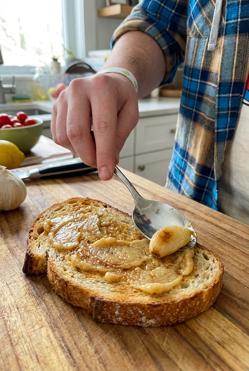 A spoon spreading a roasted peeled garlic clove onto a slice of toasted bread