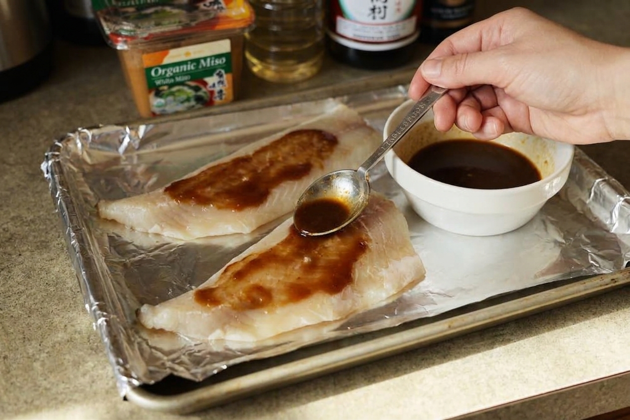 A spoon spreading a thin layer of miso glaze over raw cod fillets on a foil-lined sheet pan on a kitchen counter