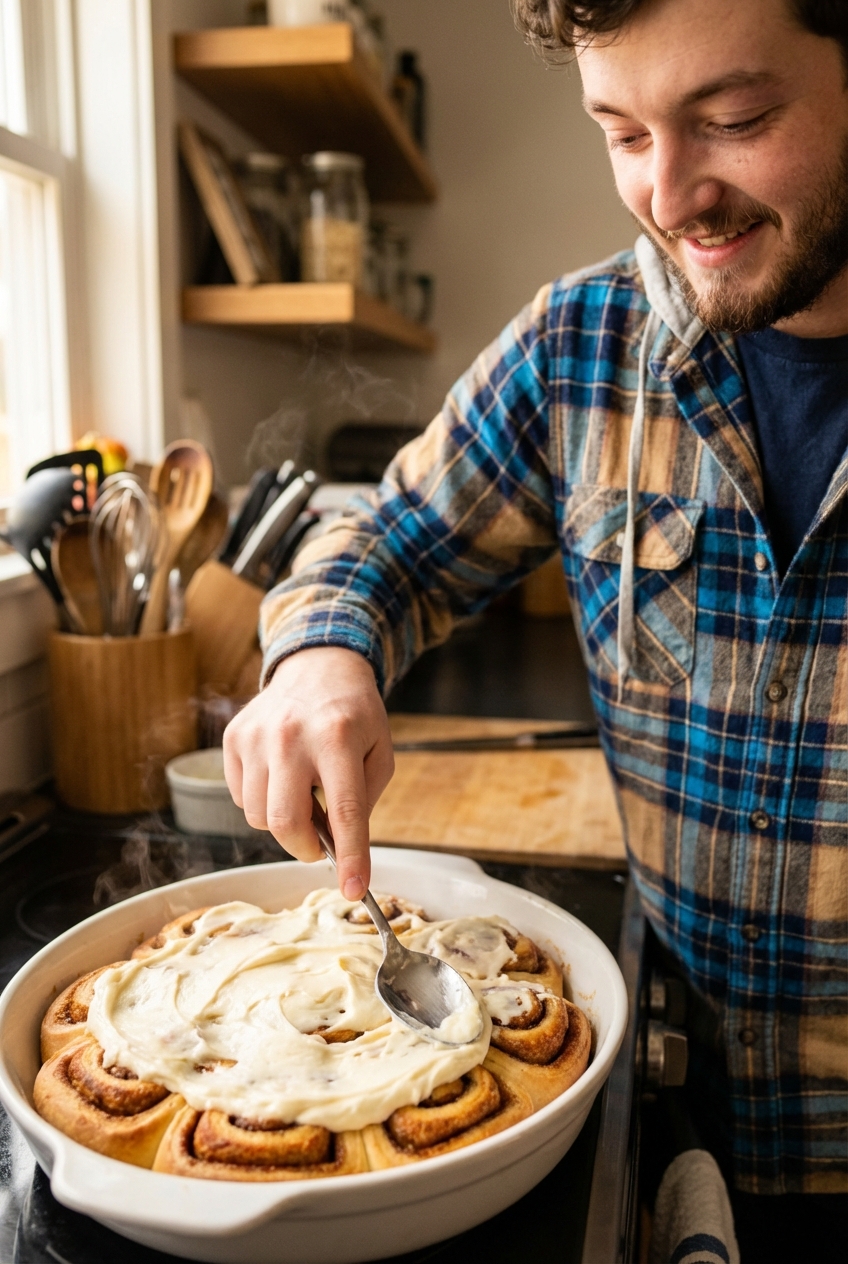A spoon spreading cream cheese frosting over warm cinnamon rolls in a baking dish