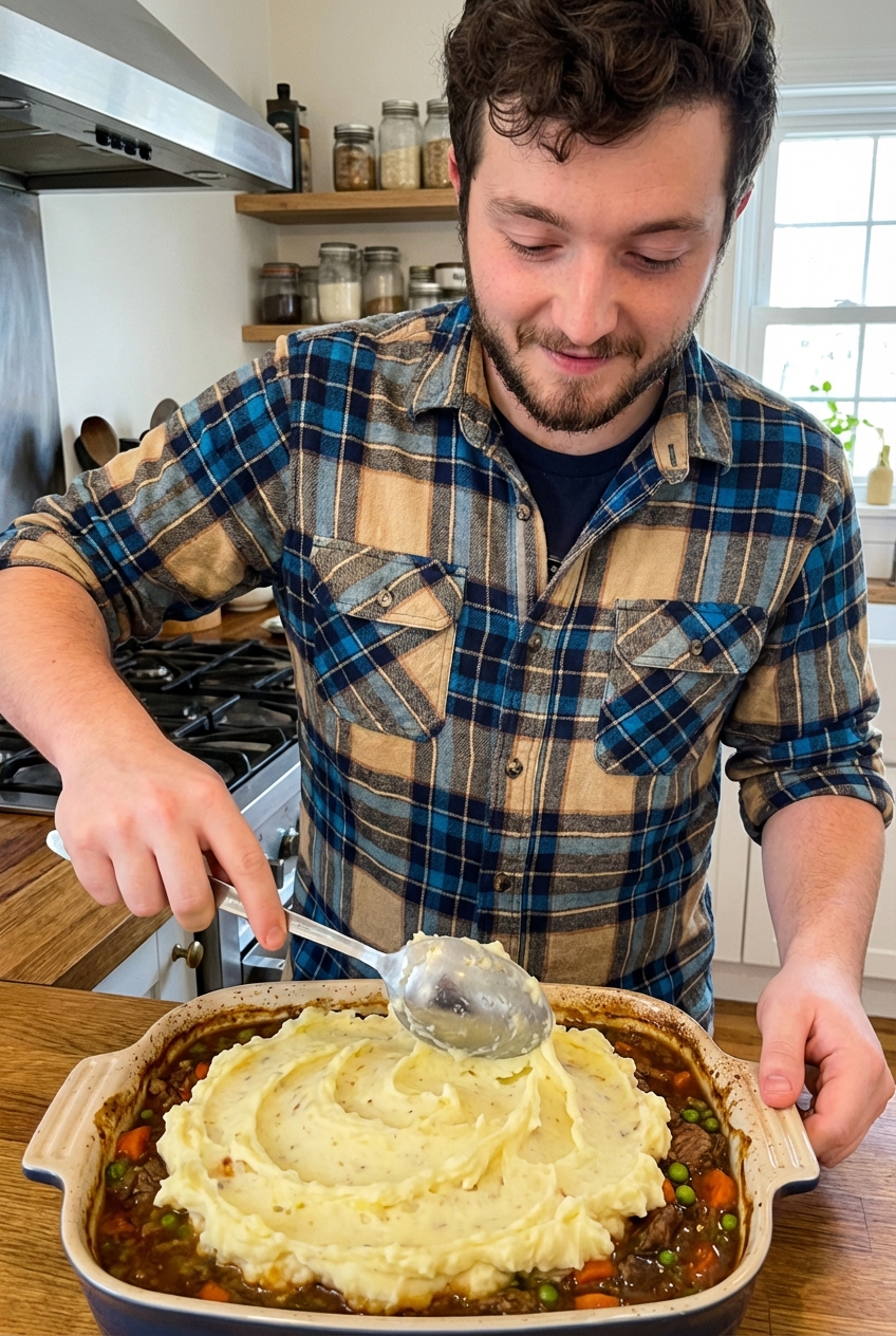A spoon spreading creamy mashed potatoes over a beef and vegetable filling in a baking dish