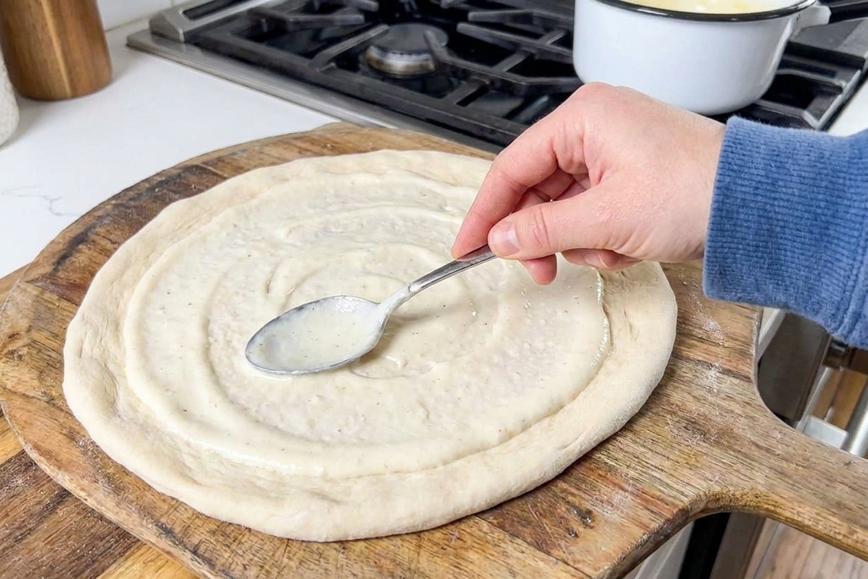 A spoon spreading creamy white pizza sauce in a thin layer across stretched pizza dough on a baking peel