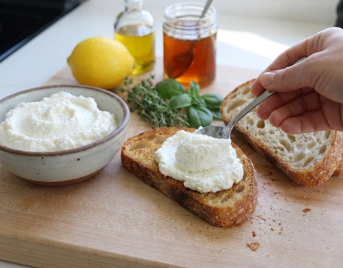 A spoon spreading fluffy whipped ricotta onto a piece of toasted bread, showing the thick, creamy texture against the crisp surface