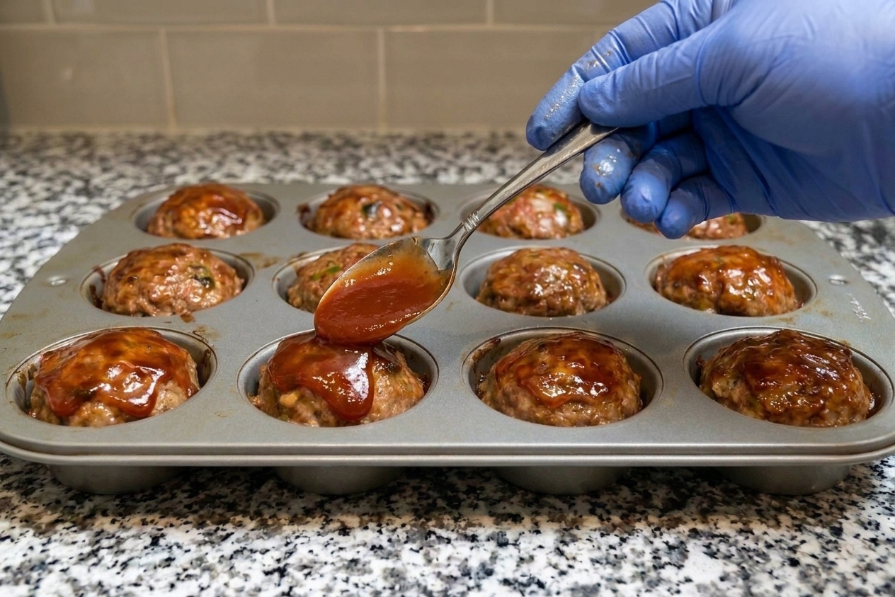 A spoon spreading glossy ketchup glaze over partially baked mini meatloaves in a muffin tin