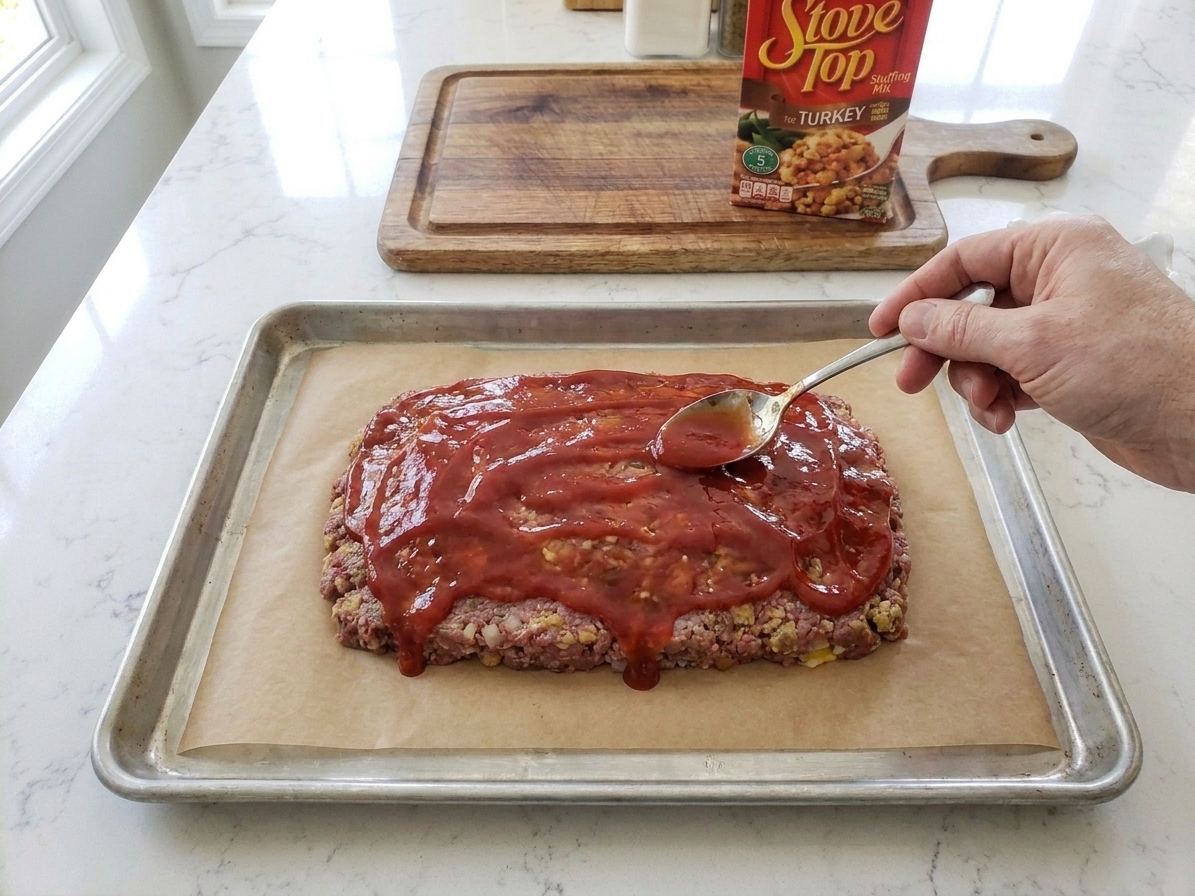 A spoon spreading ketchup glaze across the top of an unbaked stuffed meatloaf on a sheet pan
