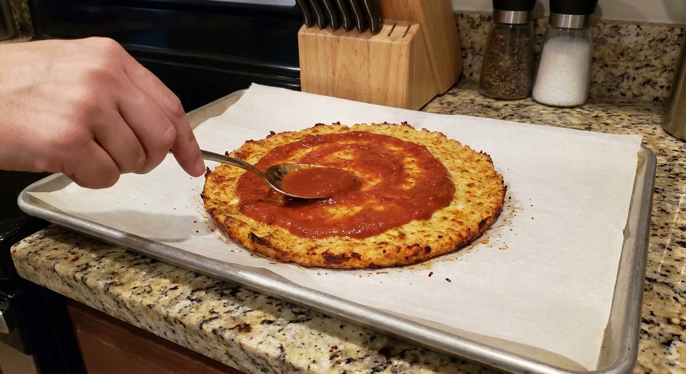 A spoon spreading marinara over a baked chicken pizza crust on a parchment-lined baking sheet