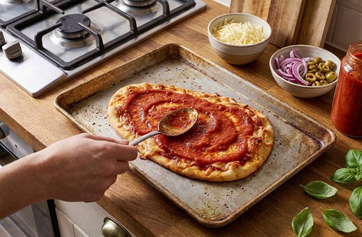 A spoon spreading marinara sauce over toasted naan on a sheet pan with cheese and toppings nearby