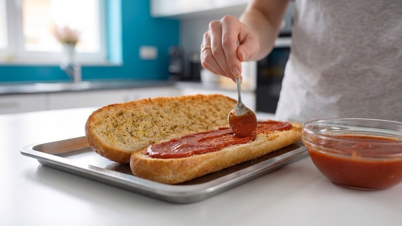A spoon spreading pizza sauce in a thin layer over toasted French bread halves on a baking sheet