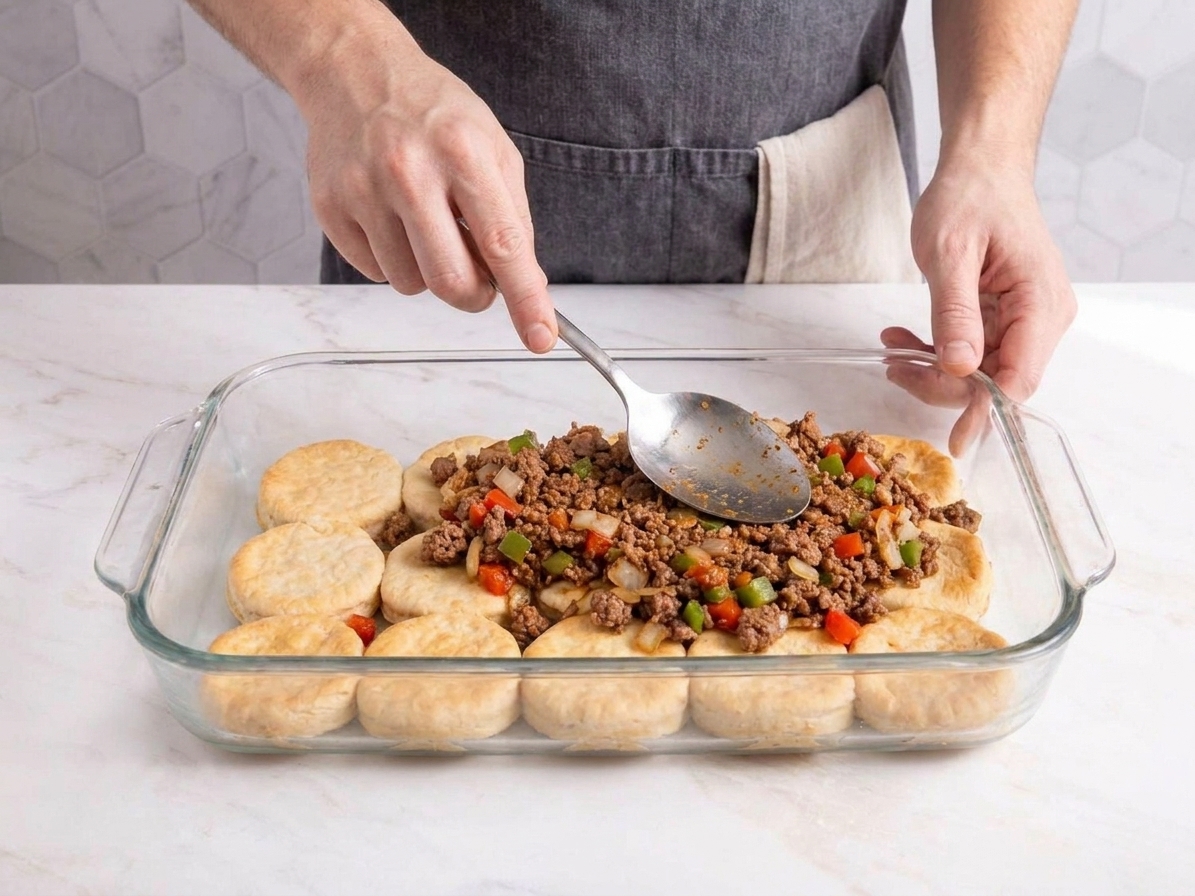 A spoon spreading seasoned ground beef mixture evenly over a par-baked biscuit crust in a 9x13 baking dish