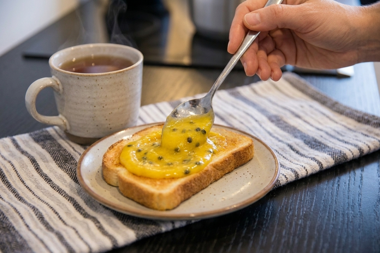 A spoon spreading thick passionfruit curd onto a slice of toasted bread on a ceramic plate with a cup of tea nearby